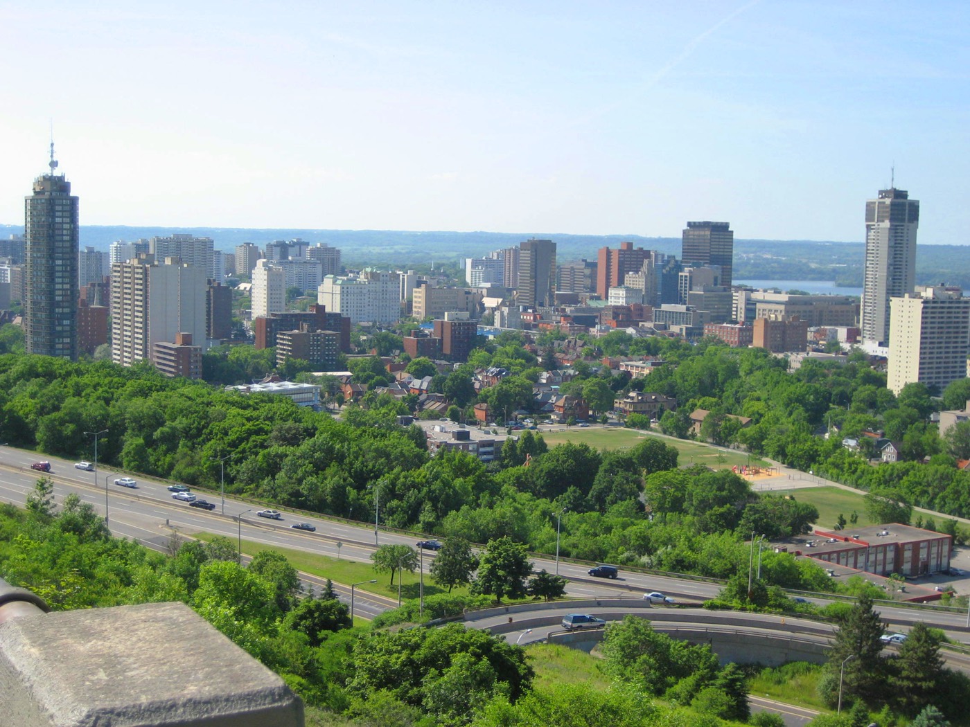 Downtown Hamilton's skyline and harbour viewed from the Niagara Escarpment