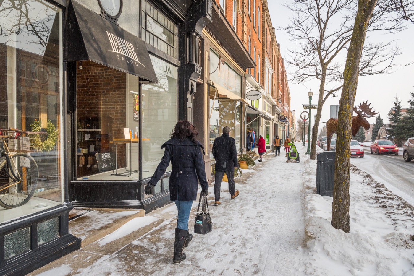 Historic brick storefronts along Broadway in downtown Orangeville in winter